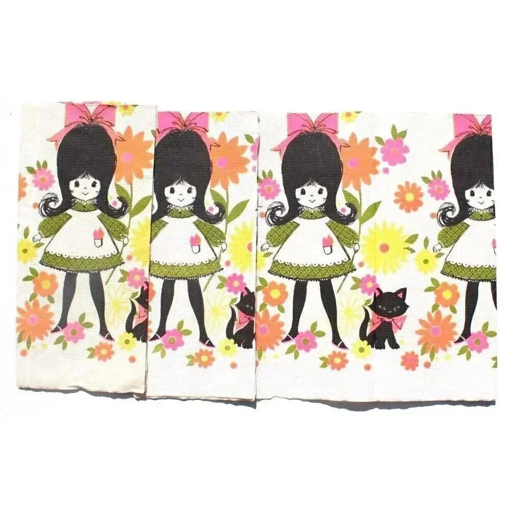 Vtg 1960's 1970's Retro Mod Girl & Cat Paper PICNIC TABLE CLOTH TABLECLOTH
